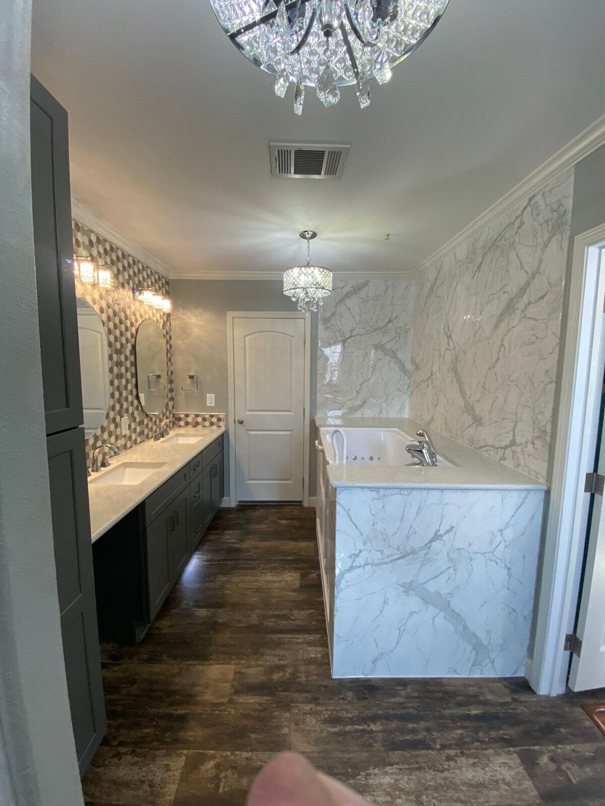 Complete bathroom remodel with walk-in tub and dual vanity by Legacy Kitchen & Bath in San Antonio