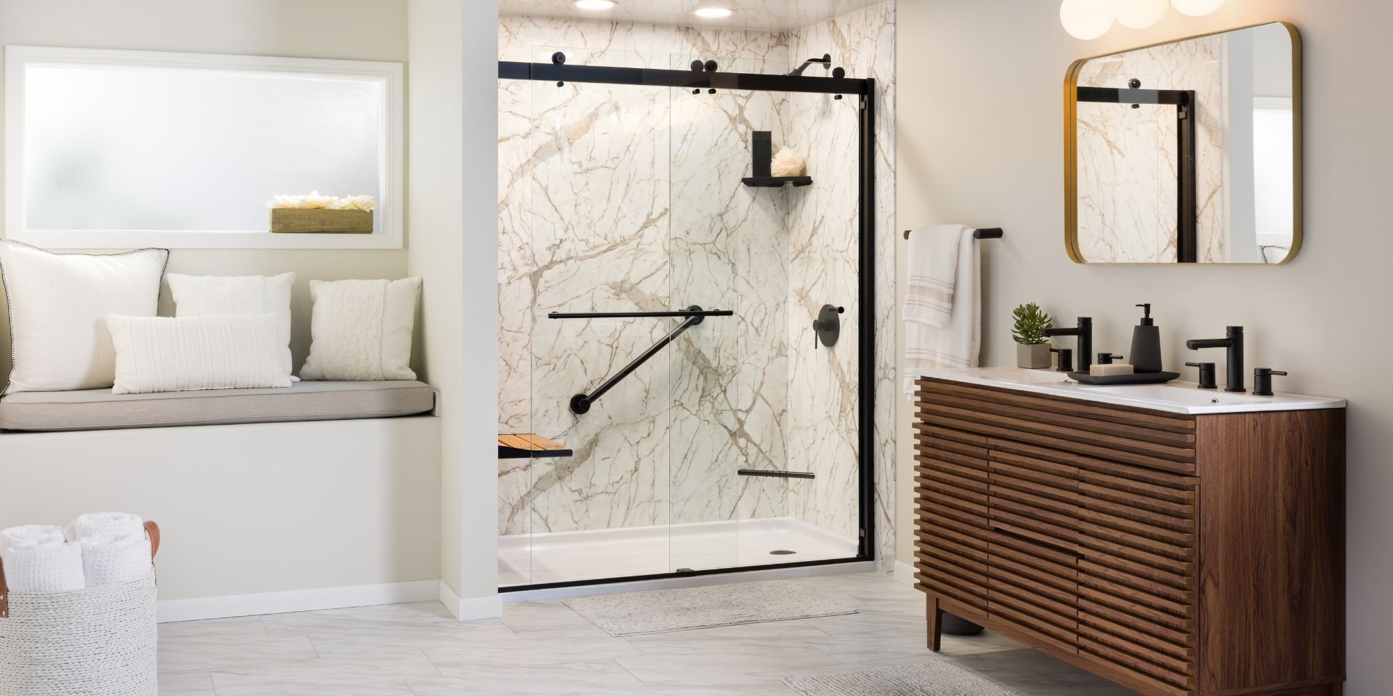 black semi frameless shower in a san antonio bathroom remodel 
