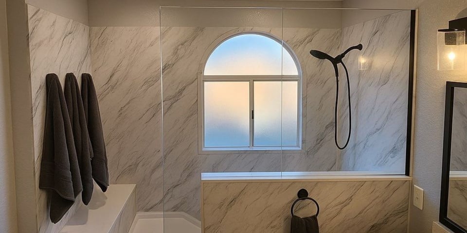frameless shower door in a large marble shower with a bench and towel hooks