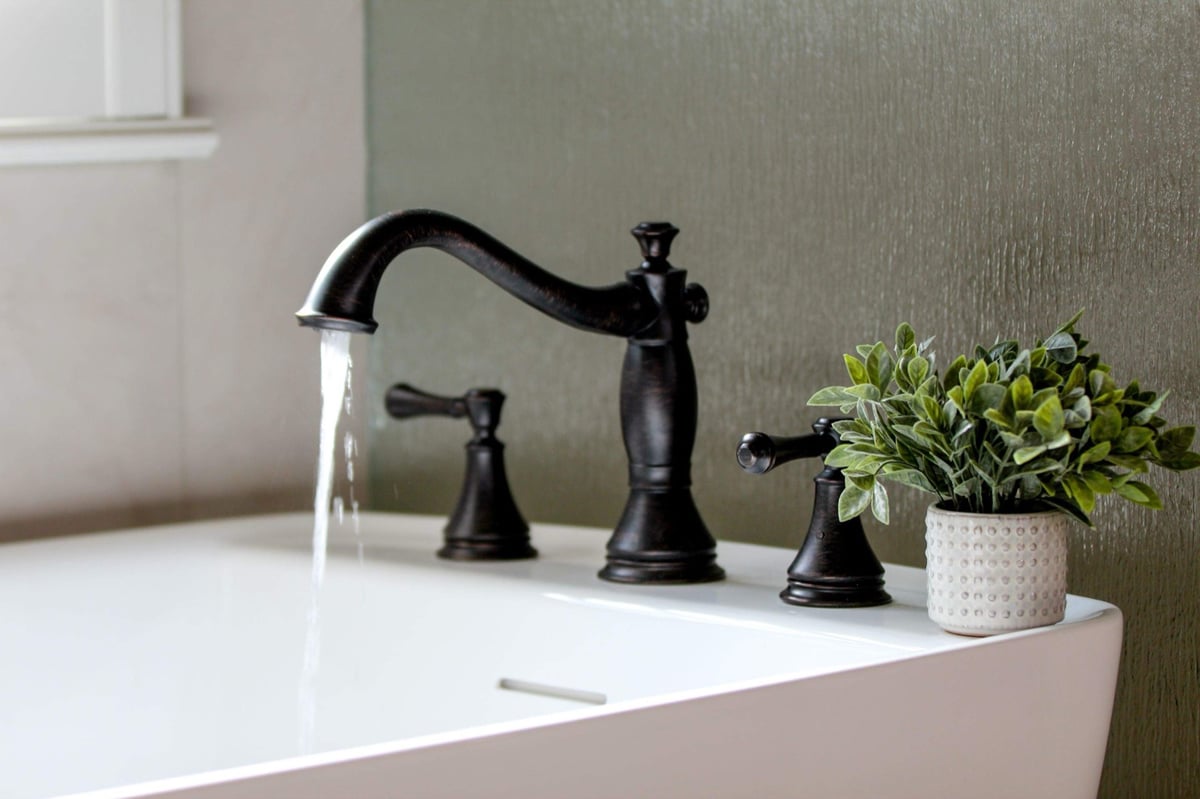 Oil-rubbed bronze tub faucet running water beside a small potted plant