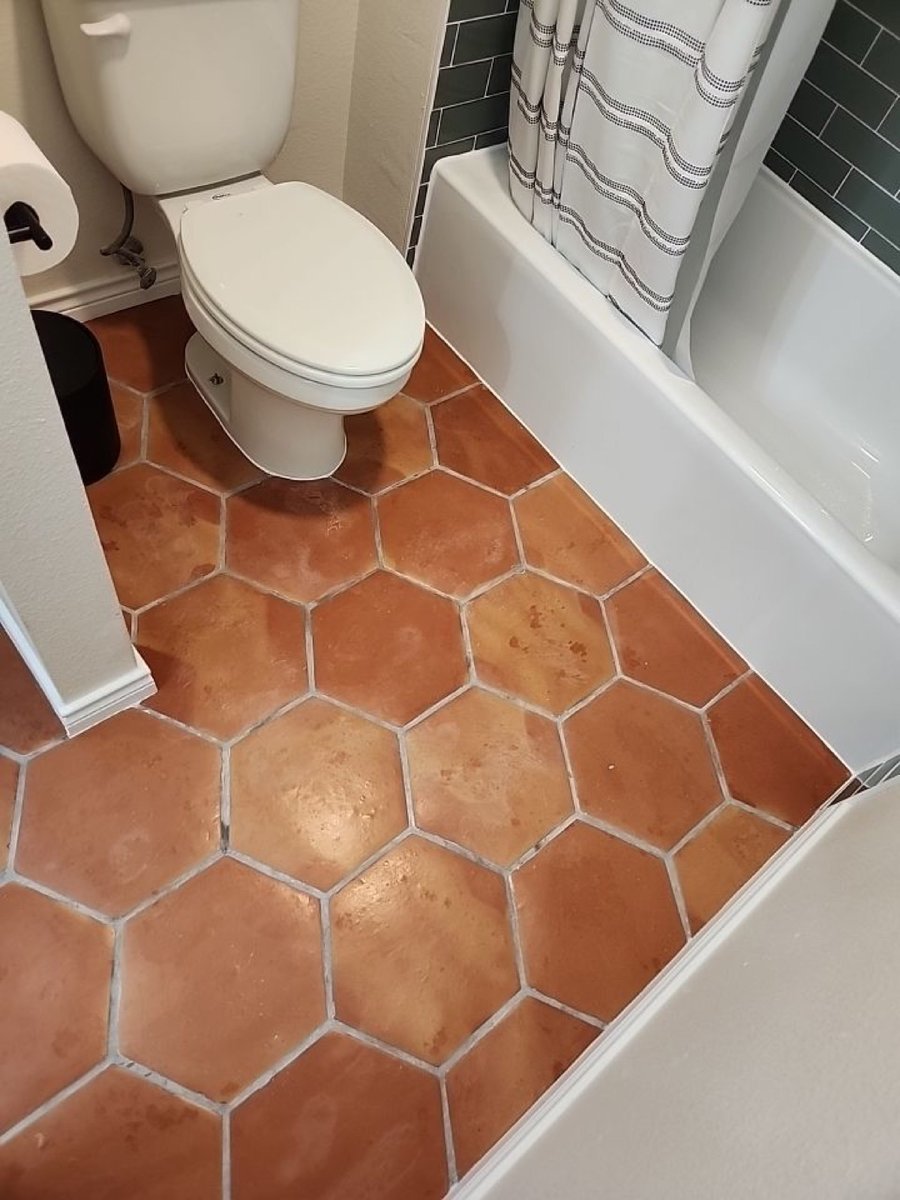Terracotta hexagon tile floor and white toilet beside a striped shower curtain