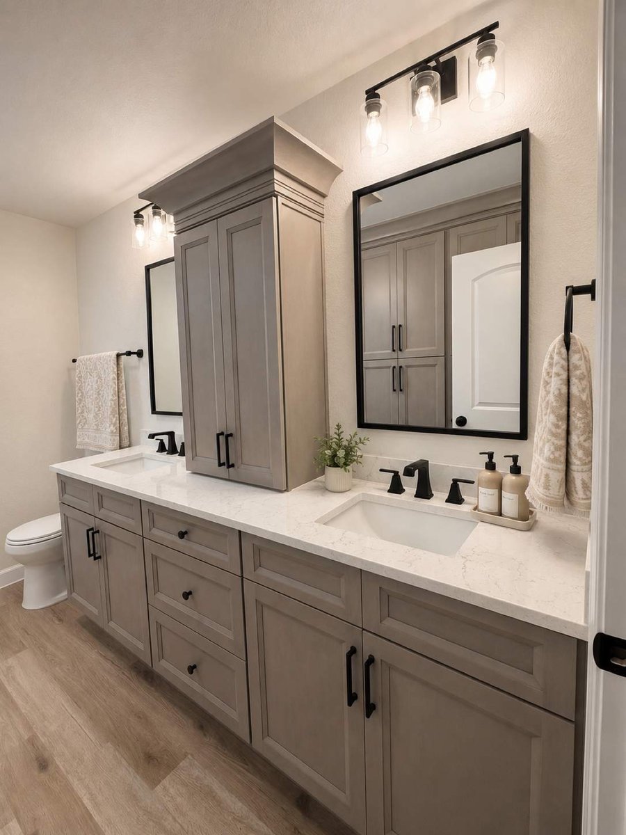 Double vanity with gray cabinets, white quartz tops, black fixtures, and framed mirrors
