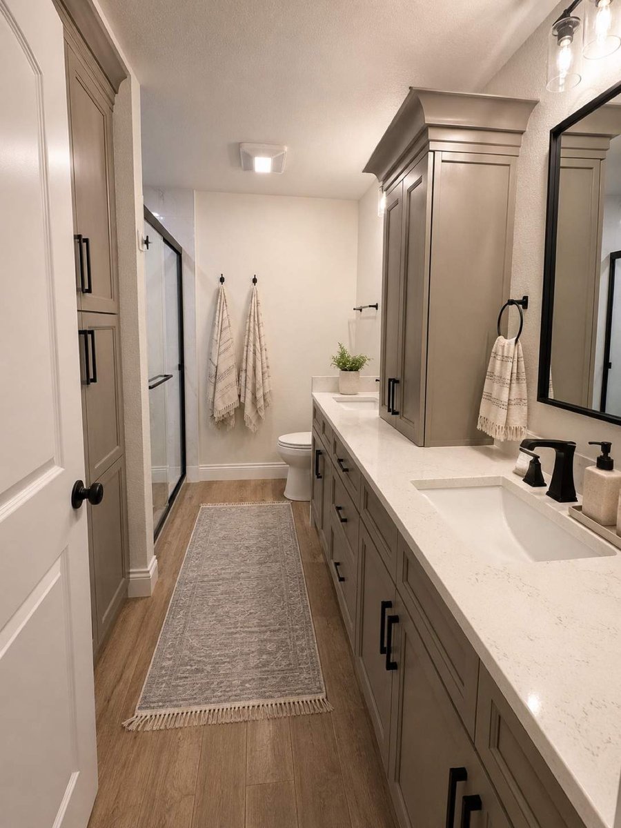 Narrow bathroom with gray double vanity, runner rug, and glass shower at the end