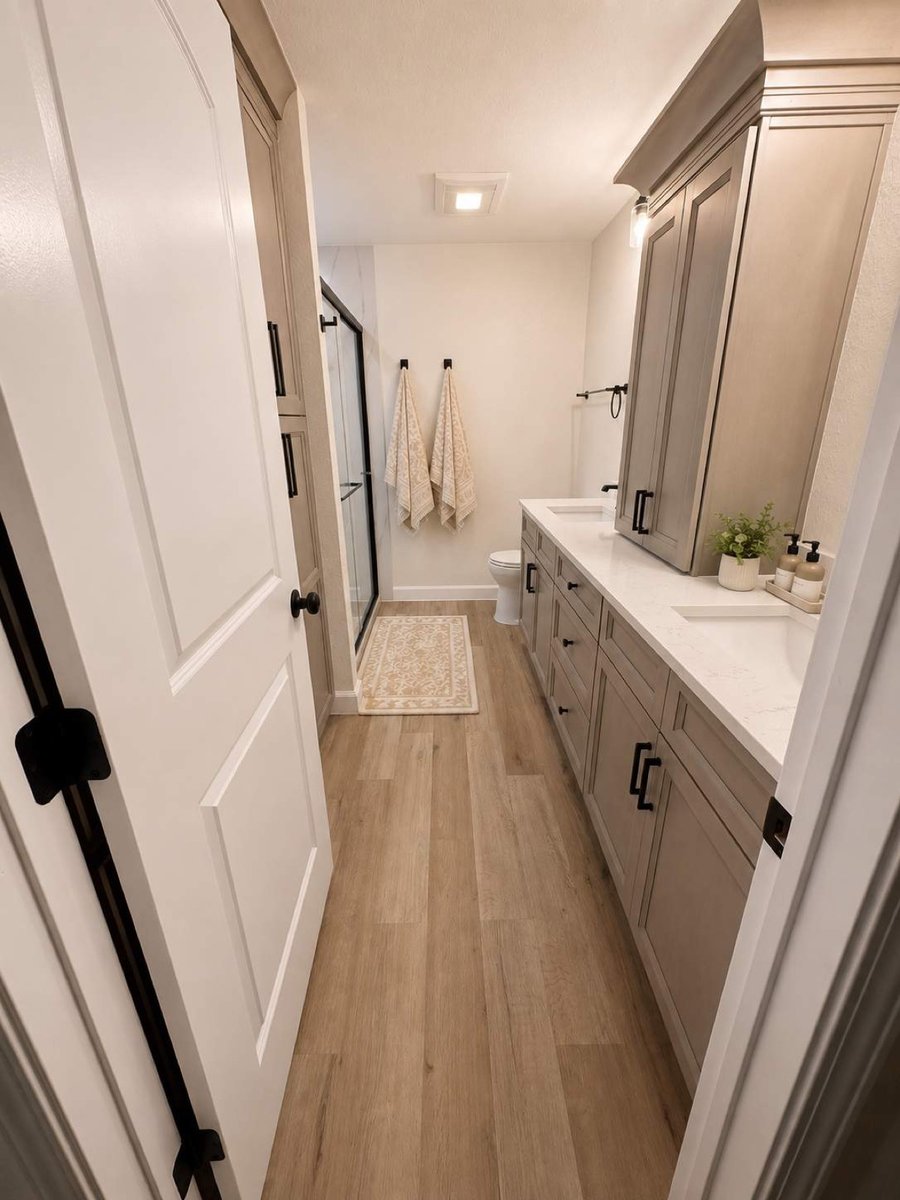 Gray double vanity along wood-look floor leading to glass shower and toilet