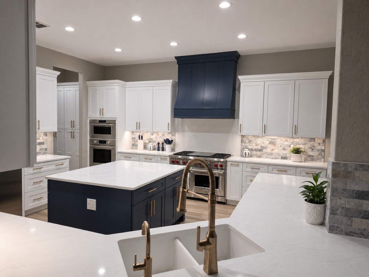 White kitchen with navy island, gold faucet and stone backsplash behind range