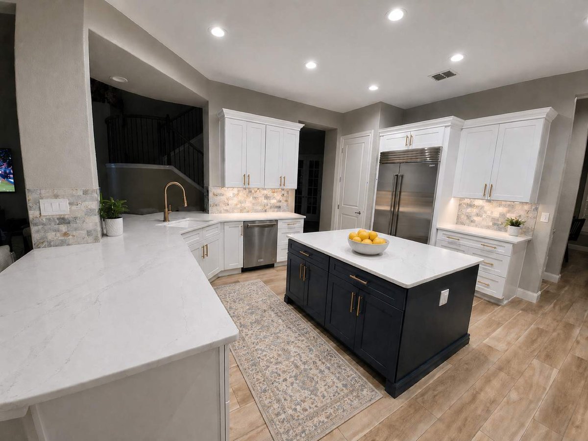 Open white kitchen with navy island, lemon bowl and stainless built-in fridge