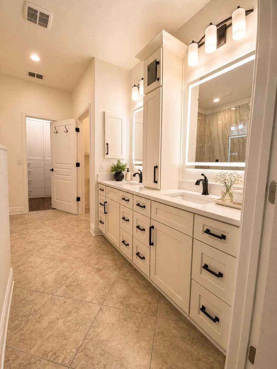 Double vanity with white cabinets, LED mirrors and black hardware along tile hall