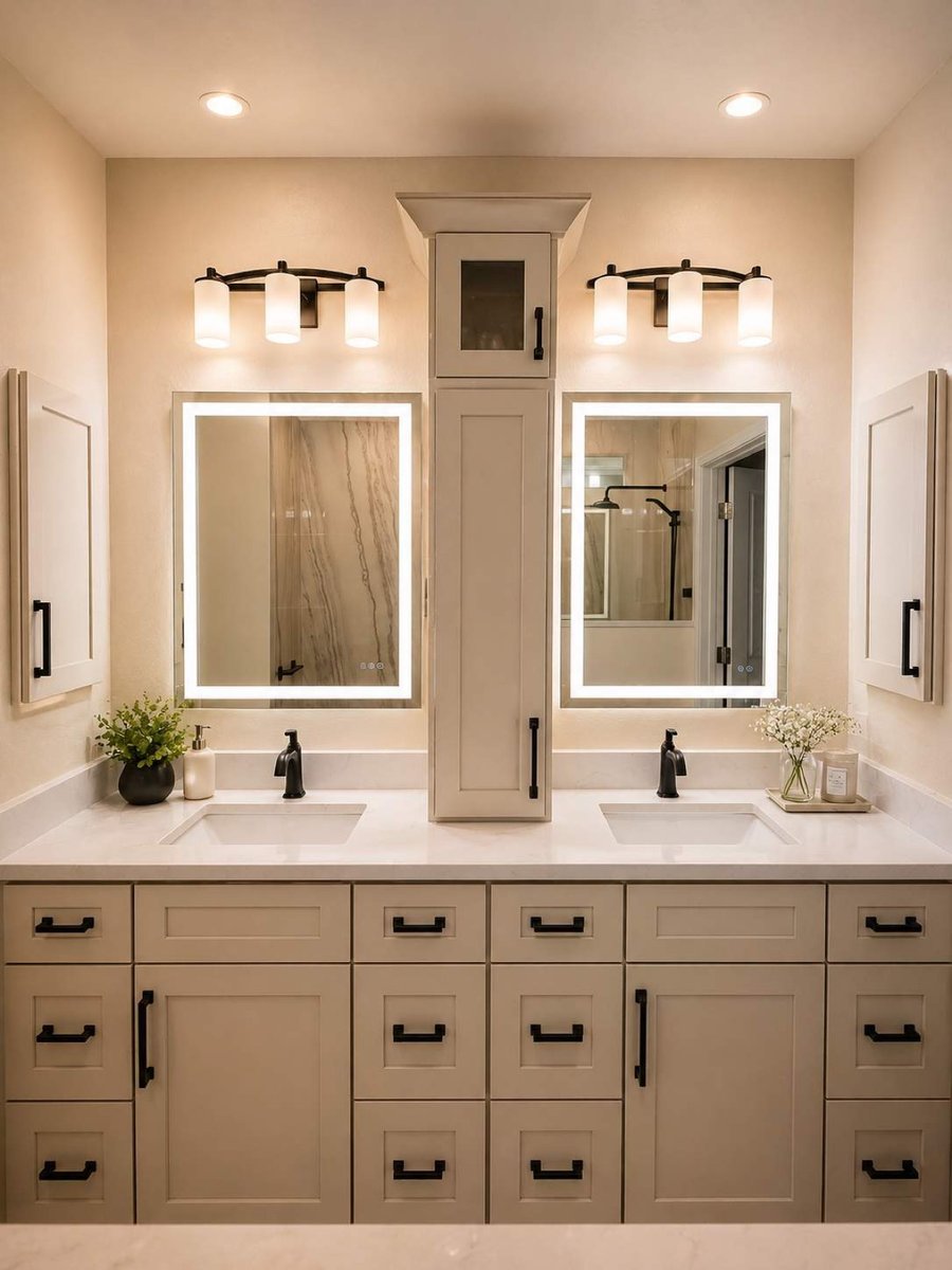 Symmetrical white double vanity with LED mirrors, sconces and black fixtures