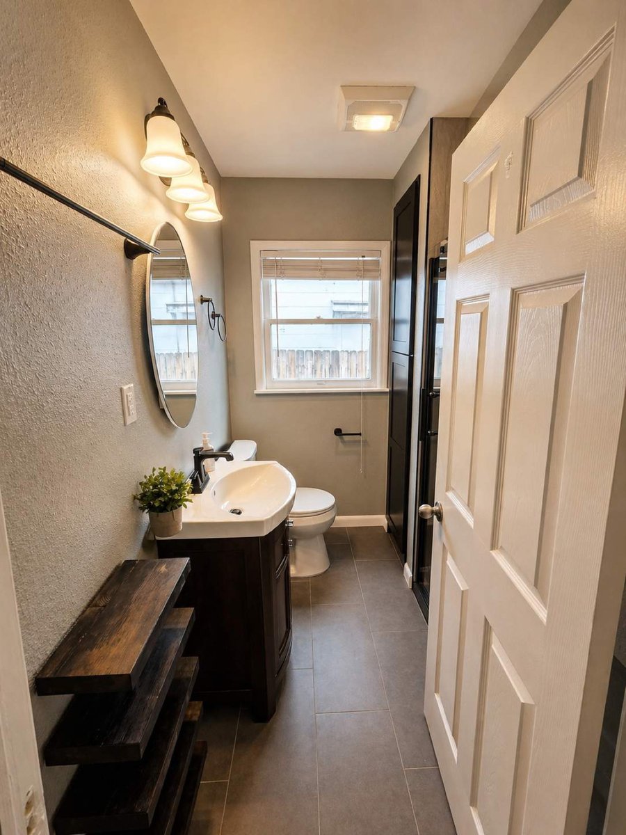 Narrow bath with dark wood vanity, round mirror, and black-framed shower