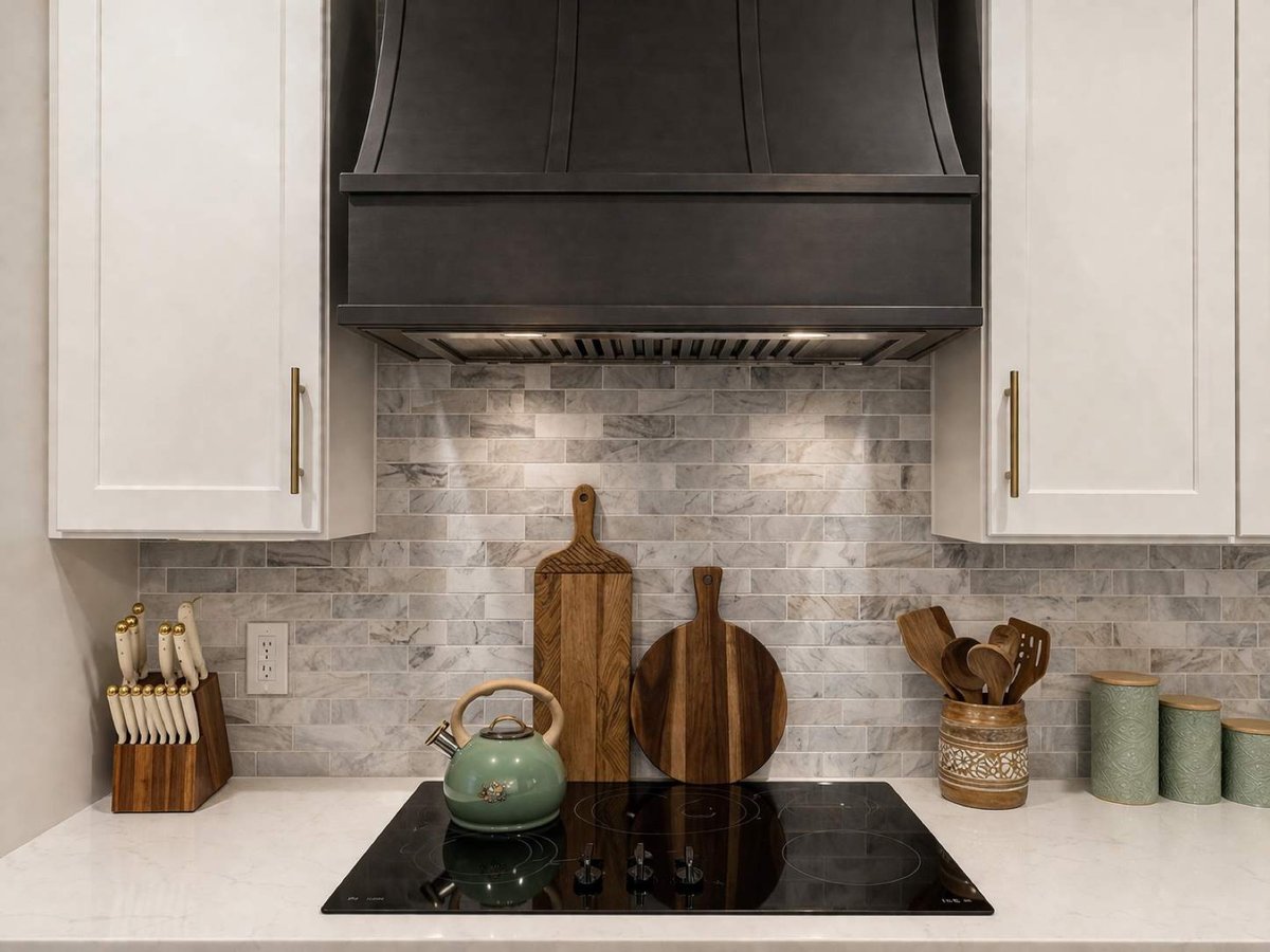 Brass gooseneck faucet over white quartz island with soap dispensers