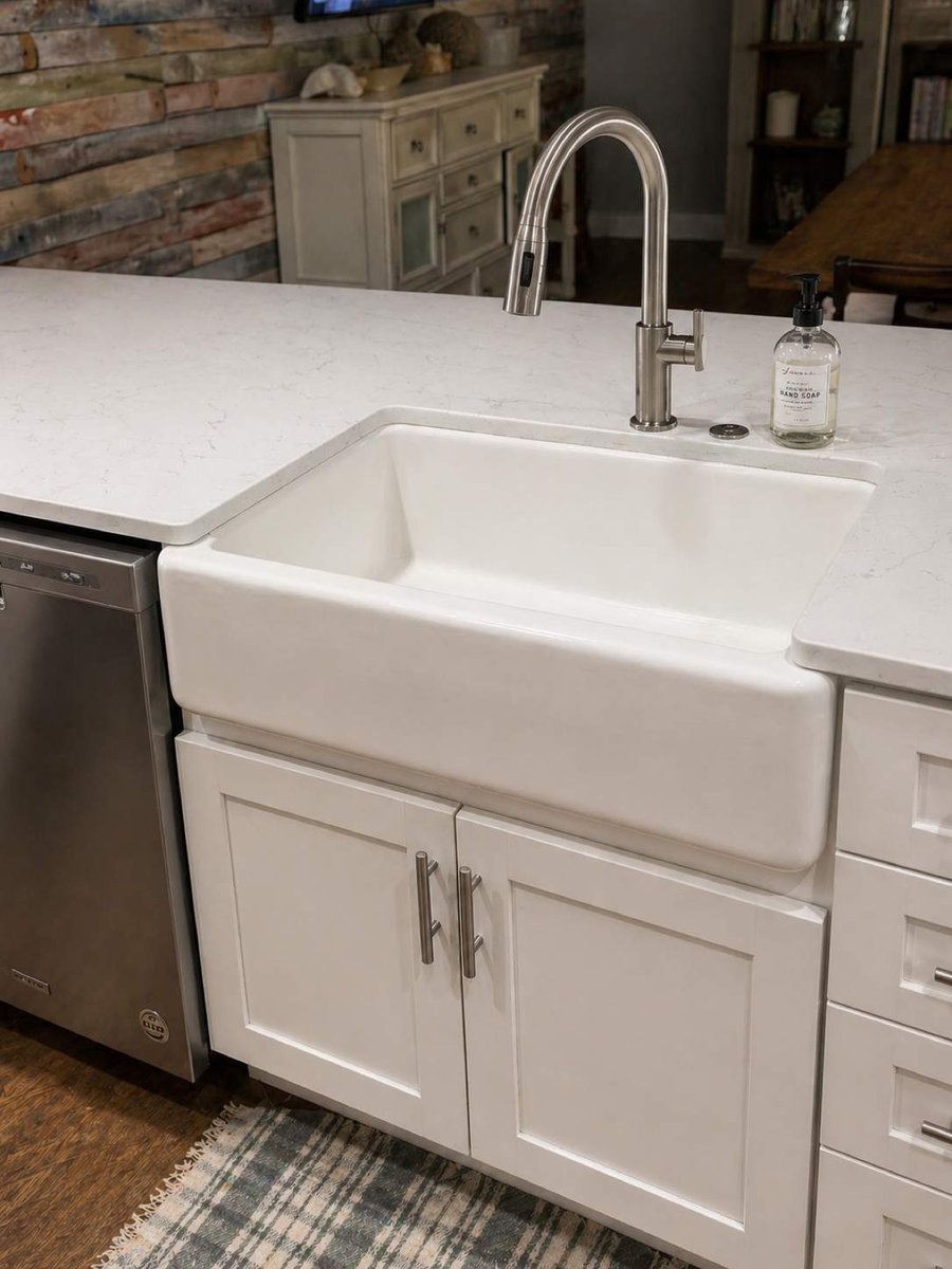 White farmhouse sink in quartz island against reclaimed wood accent wall