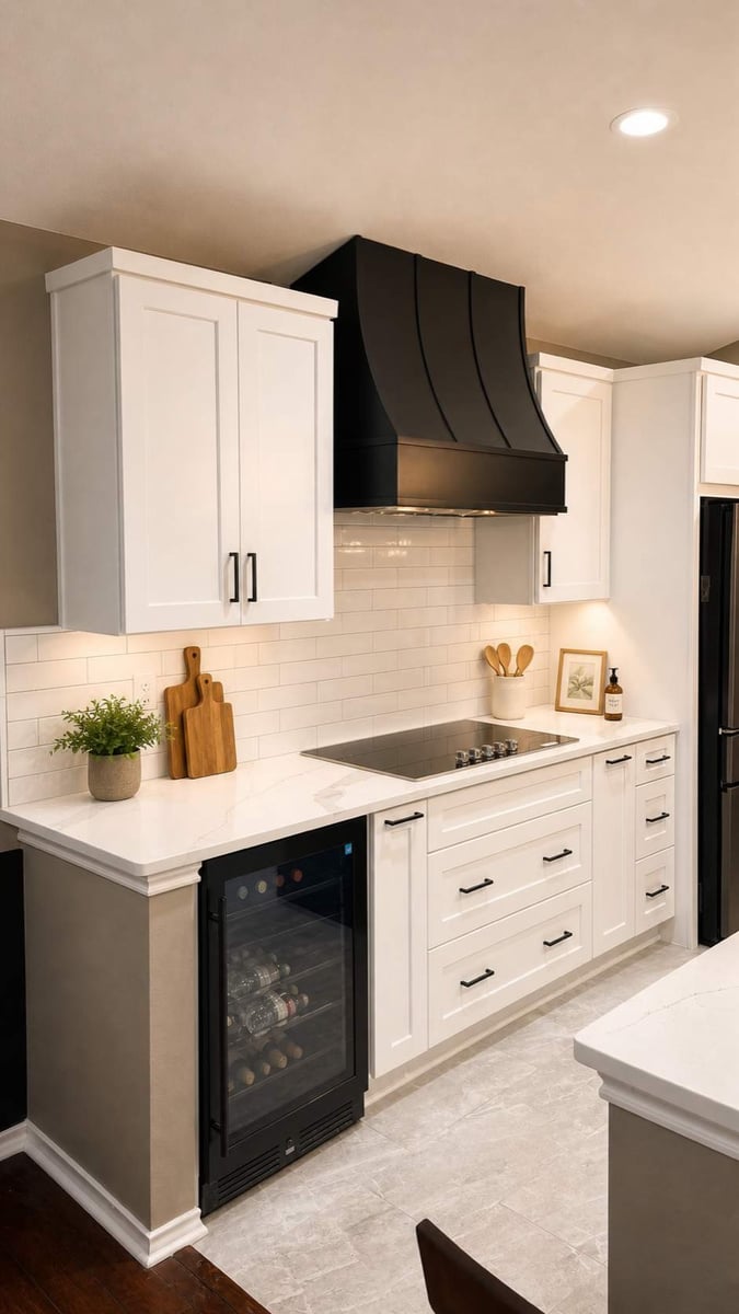 White cabinets and black hood over cooktop with wine fridge and subway tile
