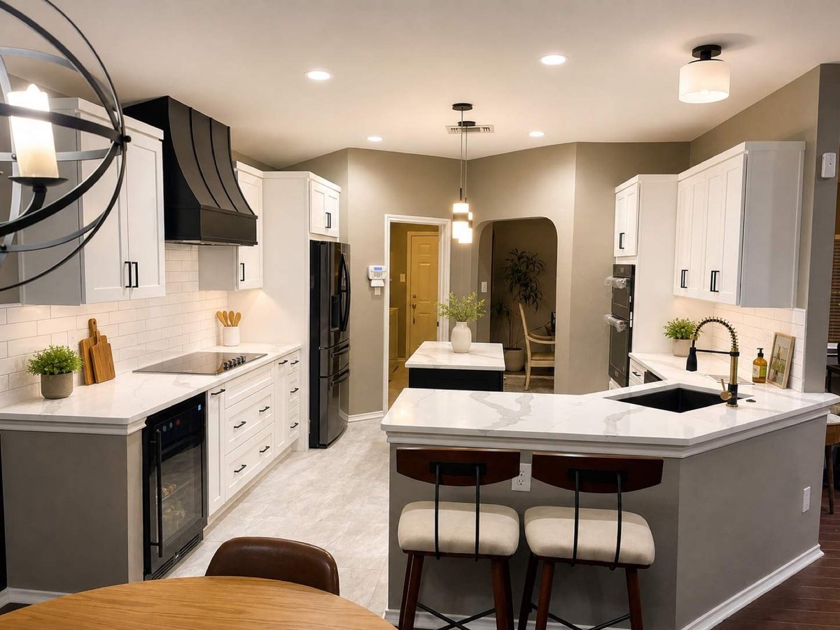 Bright kitchen with black hood, orb chandelier, and quartz peninsula seating