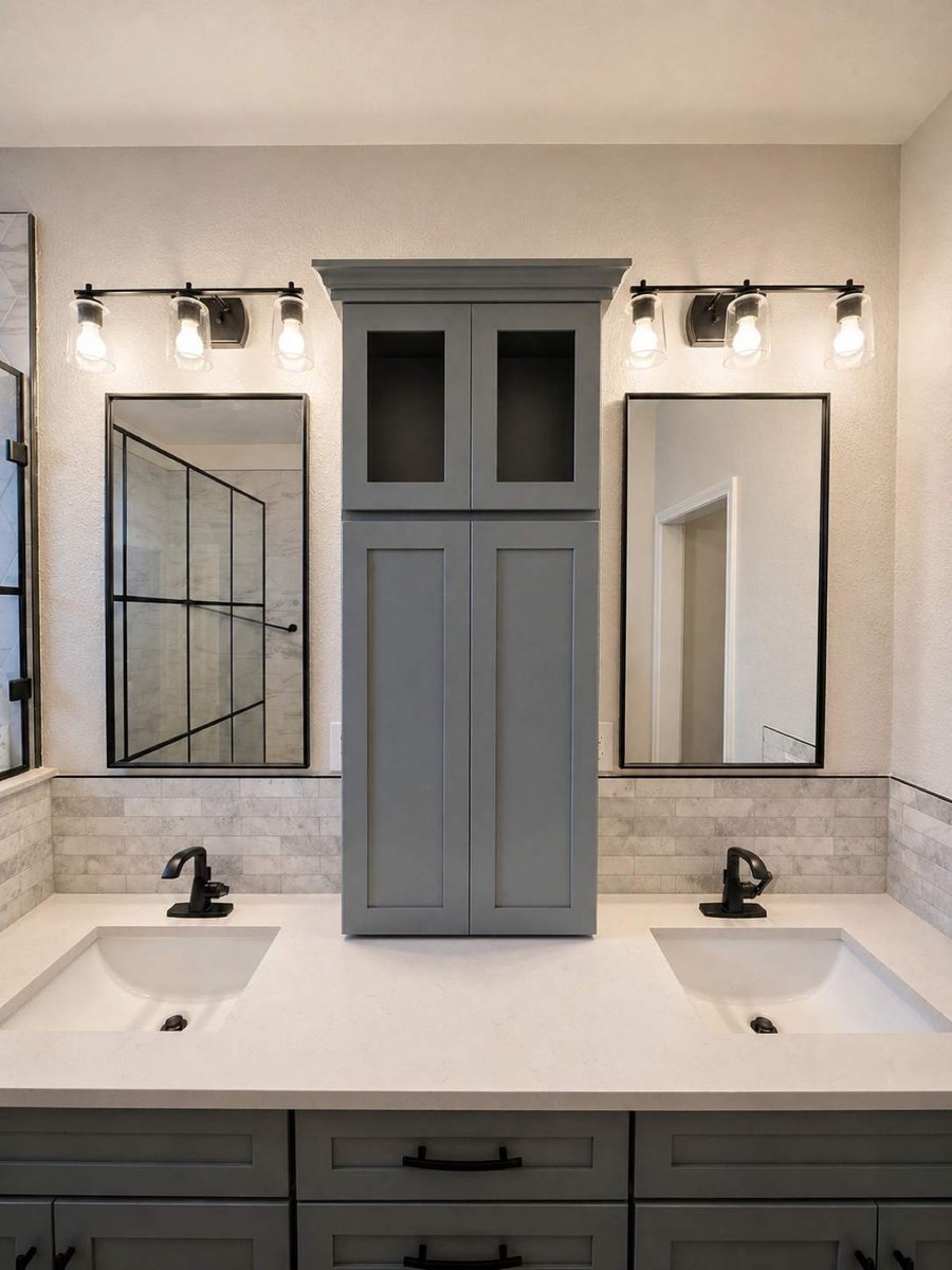 Double vanity with white quartz tops, gray storage tower, and black framed mirrors