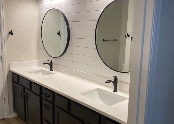 san antonio bathroom remodel with double sink vanity and shiplap accent wall