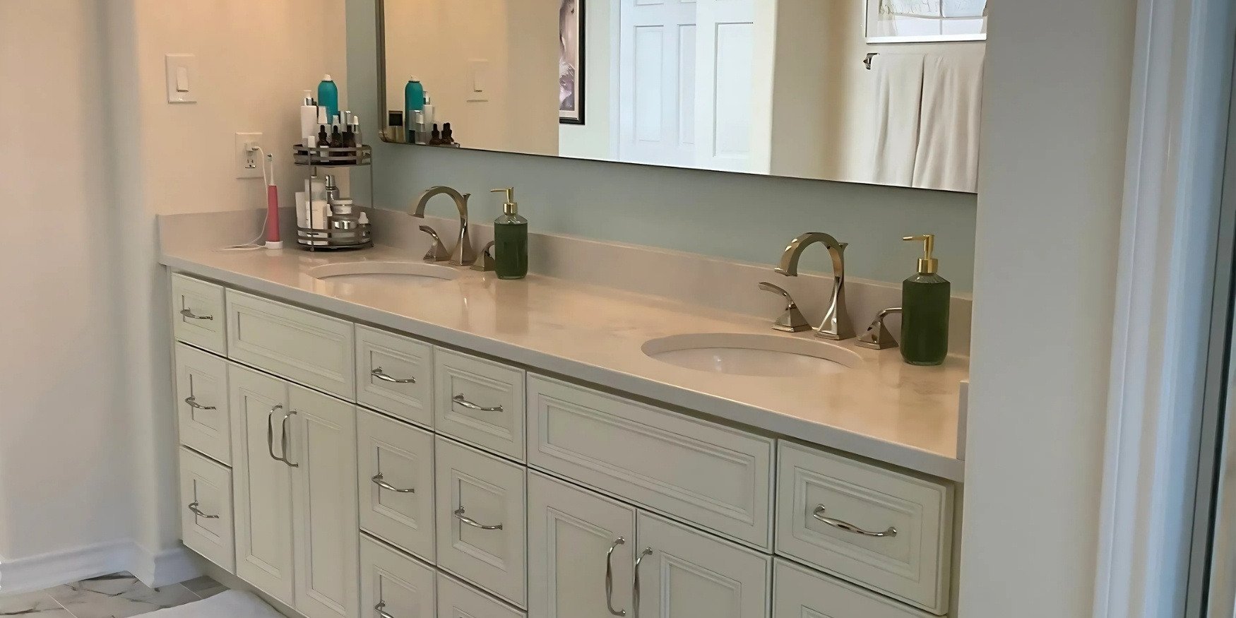 Elm Creek, Texas Bathroom Remodel featuring custom ivory cabinets